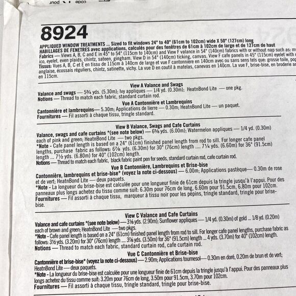 Simplicity 8924 Jiffy Valance Swag Cafe Curtains Curtain Panels 6 Pack Uncut FF - Picture 11 of 15